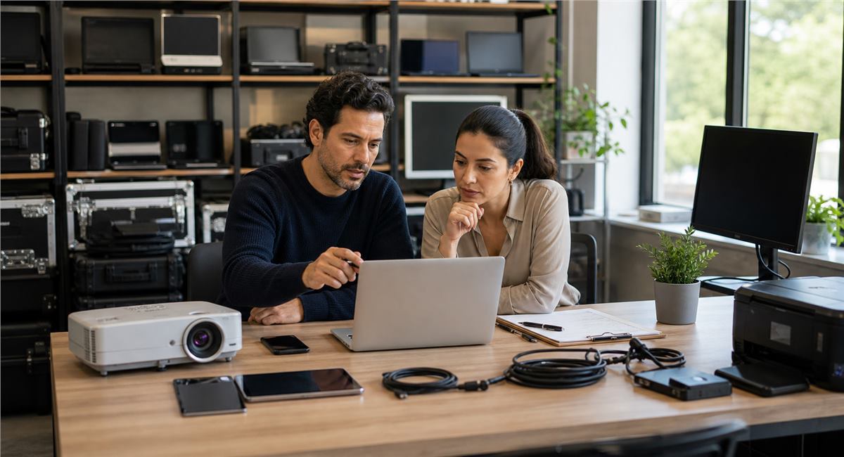 Personas administrando renta de equipo de oficina y tecnologia desde una laptop