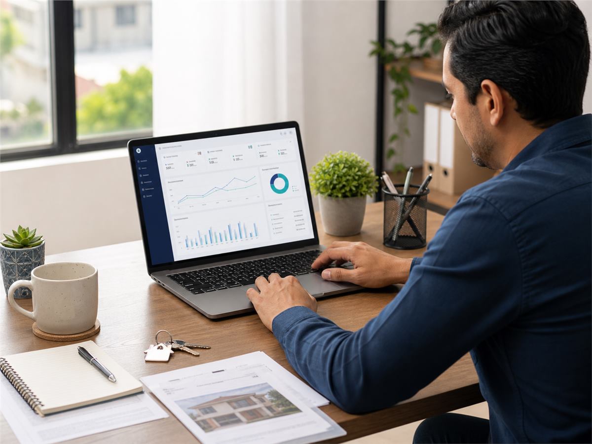 Panel de software para administrar rentas de inmuebles en una laptop