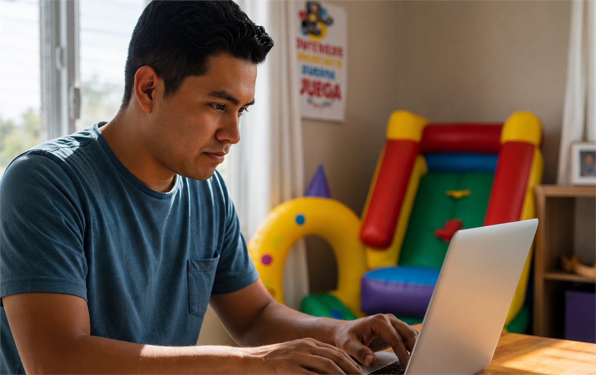 Operador administrando renta de inflables, eventos y pagos desde una laptop