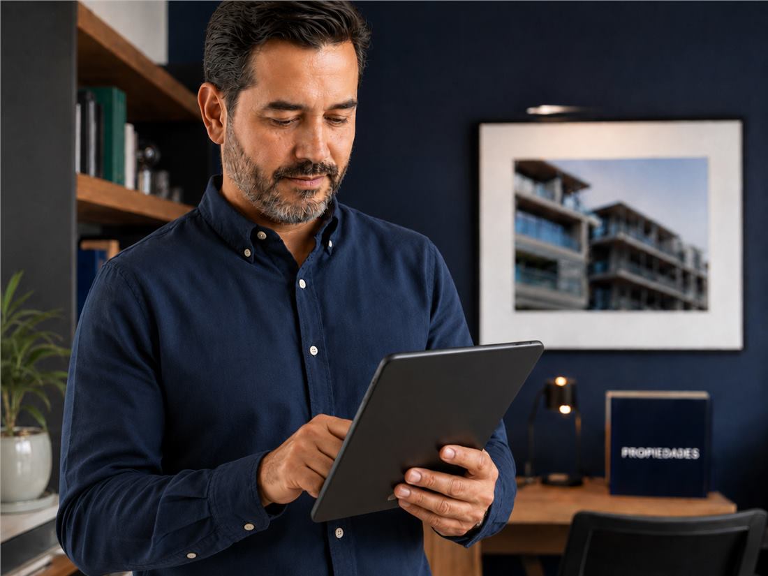 Propietario consultando rentas de inmuebles, pagos y seguimiento desde una tablet
